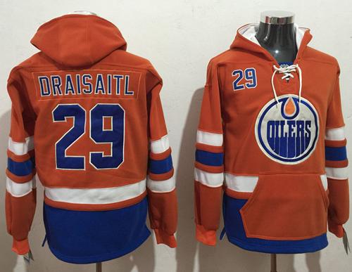 Oilers #29 Leon Draisaitl Orange Name & Number Pullover NHL Hoodie - Click Image to Close